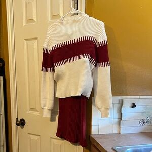 Red and White Knit Sweater and Skirt Set